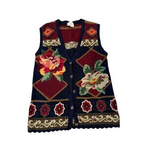 Vintage Susan Bristol Hand-Embroidered Floral Knit Sweater Vest Size Small